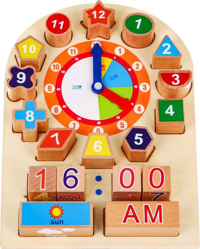 Lodër edukative druri Muqiy The Building Blocks Clock, orë dhe kalendar, shumëngjyrëshe
