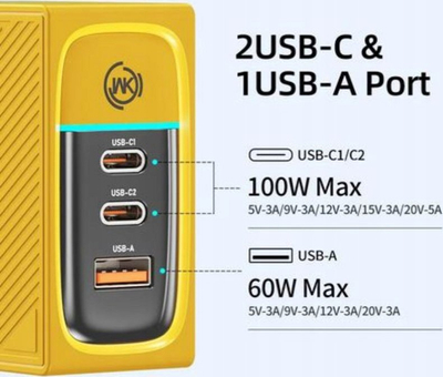 Karikues muri Wekome WP-U155, GaN 100W, 2x USB-C USB-A, i verdhë