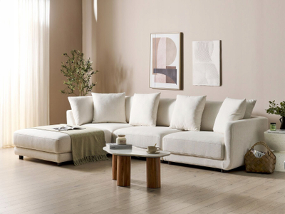 Divan Beliani Sigtuna, 3 vende me ottoman, stof poliestër, bezhë e çelët