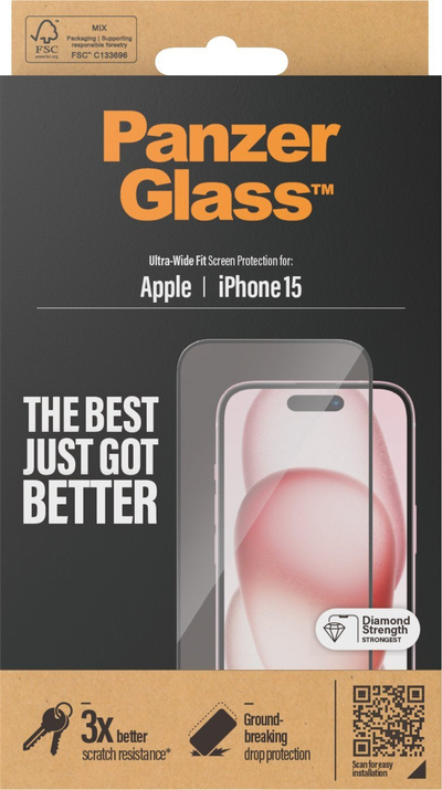 Mbrojtëse ekrani PanzerGlass Ultra Wide, për iPhone 15, xham i temperuar, transparente