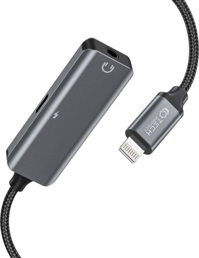 Adapter 2 në 1 Tech‑Protect UltraBoost, Lightning në 3.5mm edhe Lightning, gri
