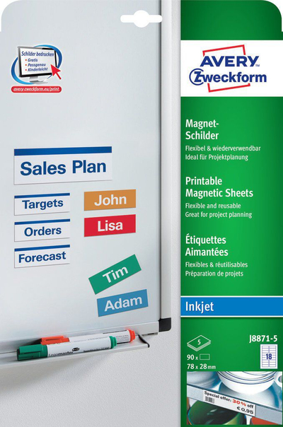 Etiketa magnetike Inkjet Avery J8871-5, 28 x 78 mm, 90 copa, t'bardha