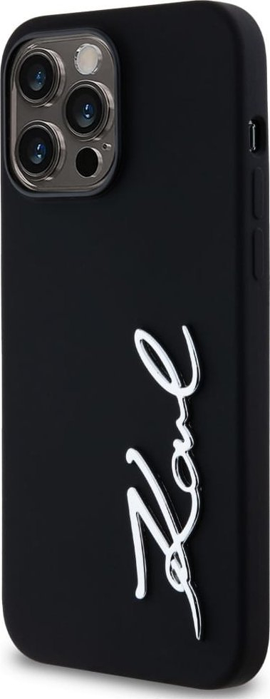 Мобилен заштитен капак Karl Lagerfeld Silicone Metal Script Logo за iPhone 14 Pro Max, силикон, црн