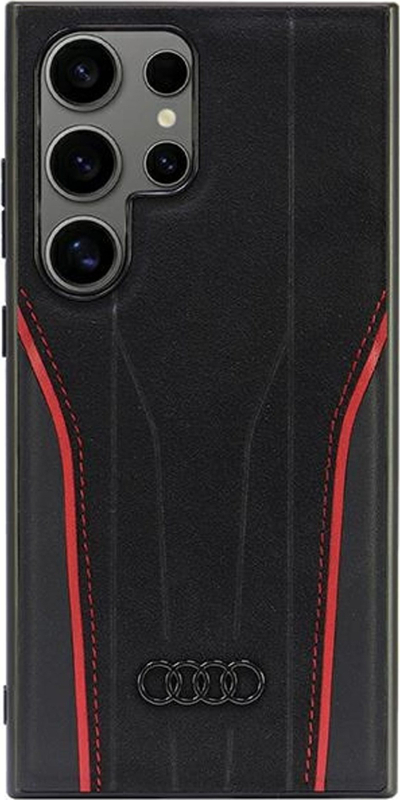 Kapak telefoni Audi Genuine Leather MagSafe për Samsung Galaxy S24 Ultra, lëkurë natyrale, i zi me t’kuqe