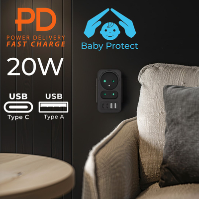 Shpërndarës rryme Maclean MCE249 F/B, 2x prizë, 4x USB PD 20W, i zi