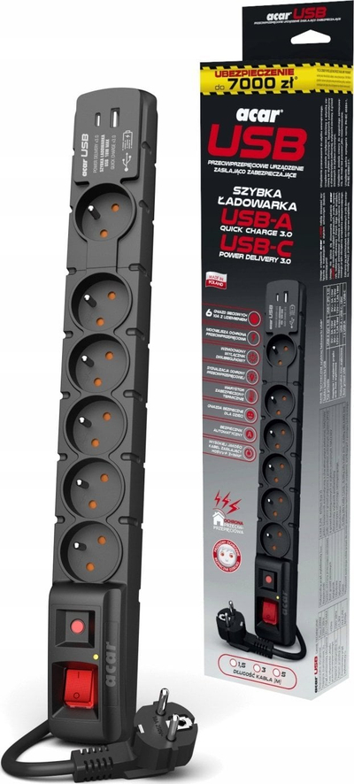 Shirit elektrik Acar S6 USB A C W2437, 6 prize, kabëll 3 m, i zi