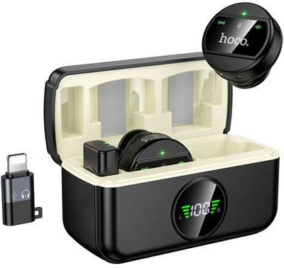 Mikrofon wireless lavalier Hoco, për iPhone dhe Type C, me kuti karikimi, i zi