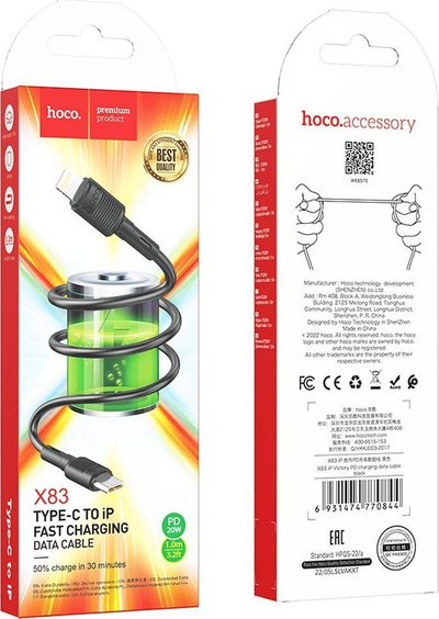 Kabllo USB C në Lightning Hoco X83 Victory, PD 20W, 1m, e zezë