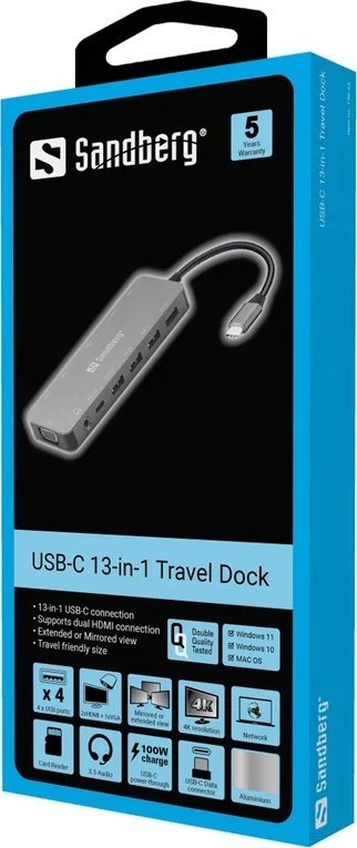 Dok udhëtimi USB-C Sandberg 13 në 1, 3 ekrane, Power Delivery 100W, gri