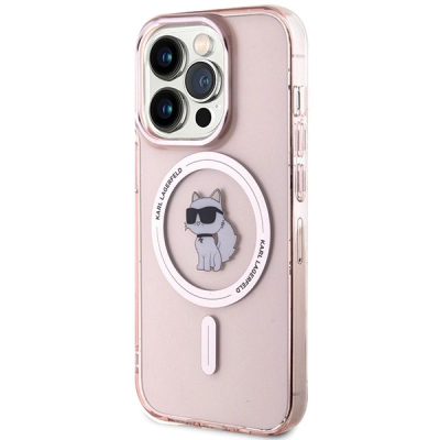 Mbajtëse telefoni Karl Lagerfeld IML Choupette MagSafe për iPhone 15 Pro Max, rozë transparente