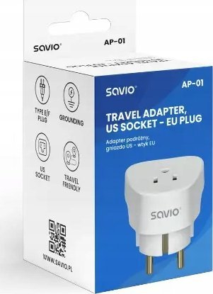 Adapter udhëtimi Savio AP-01, prizë US në prizë EU, i bardhë
