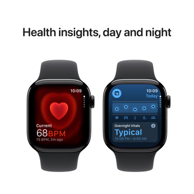 Apple Watch Series 10 GPS, 42mm, Jet Black Aluminum Case with Black Sport Band, M/L