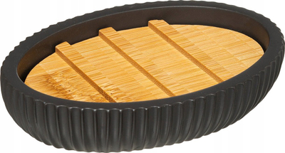 Pjatë sapuni ovale, polyresin dhe bambu, 12.5x9x2.5cm, e zezë