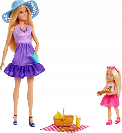 Set lodrash Mattel Barbie dhe Chelsea Malibu, 2 kukulla, me gjëra për piknik, shumëngjyrëshe