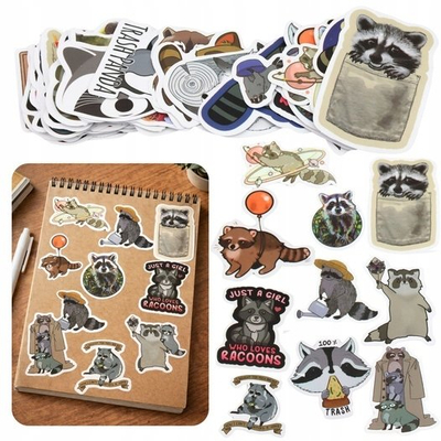 Set ngjitësash Raccoon Sticker Set, 50 copë, motive rakuni, 7-8 cm, shumëngjyrësh