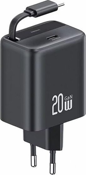 Karikues muri USAMS CC233, USB C 20W PD QC, kabllo USB C tërheqëse, i zi