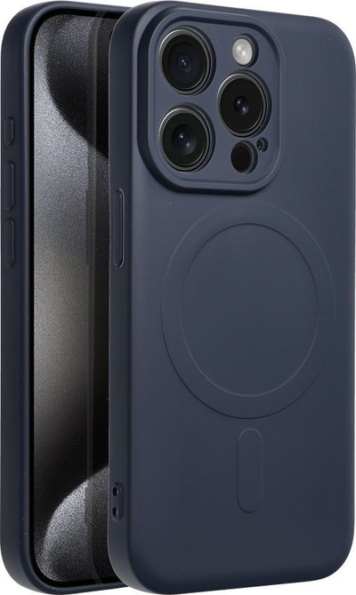 Futera silikoni Mag Cover për iPhone 15 Pro, përputhet me MagSafe, mat, blu e errët
