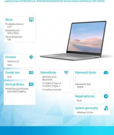 Laptop Microsoft Surface Go (TNV-00009), 12.4", Intel Core i5-1035G1, 256GB SSD, Intel UHD G1, i argjendtë