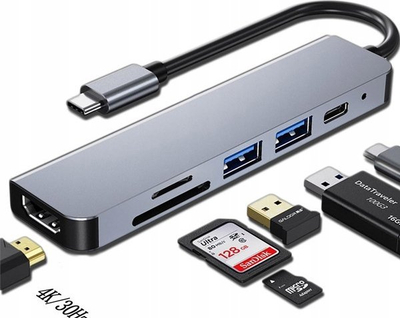 Hub USB C 6 në 1, HDMI, USB 3.0, lexues karte SD, gri