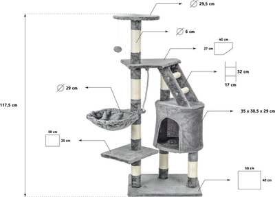 Кула за гребење за мачки Cat Scratcher, 120cm, повеќекатна, сива