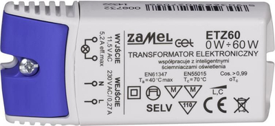 Transformator elektronik Zamel ETZ60, 230V në 11.5V, 0-60W, i bardhë