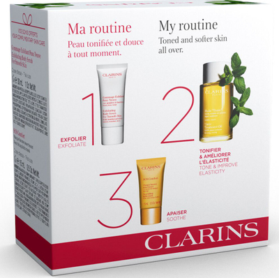 Set për kujdes trupit edhe ftyrës Clarins Spa at Home, 3 copë, vaj trupi 100 ml, skrab trupi 30 ml