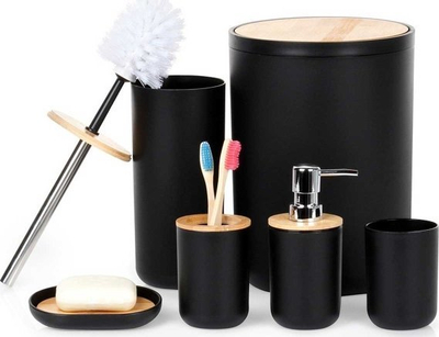 Set aksesorësh për banjo, 4 pjesë, plastikë dhe bambu, i zi, pa firmë