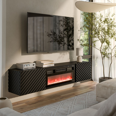 Komodë TV Cama Meble Lara, 183x35x37 cm, me oxhak dekorativ, e zezë mat