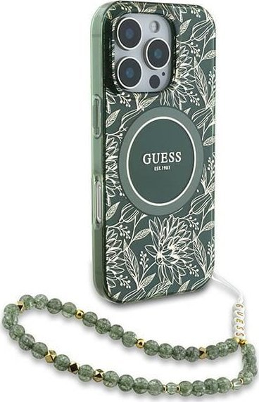 Mbulesë telefoni Guess IML Flowers Allover Electro and Pearl Strap MagSafe për iPhone 16 Pro 6.3\", me rrip me rruaza, jeshile