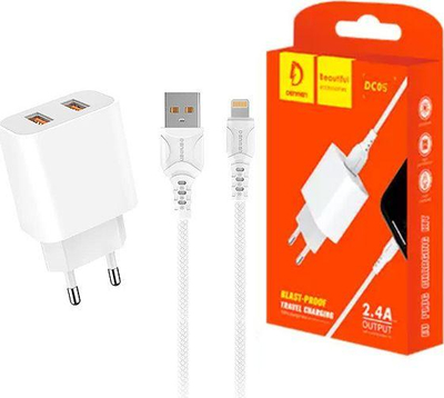 Karikues Denmen DC05 + kabllo Lightning, 2 x USB A, i bardhë