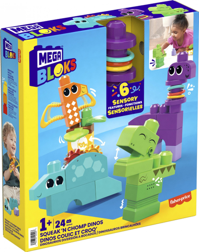Lodër ndërtuese Mega Bloks Squeak 'n Chomp Dinos, 24 pjesë, sensorike, shumëngjyrëshe