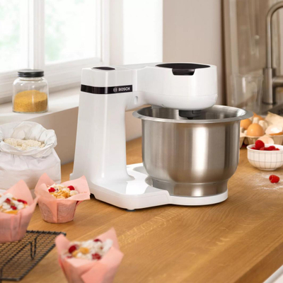 Планетарен миксер Бош MUMS2EW40, инокс сад 3.8L, мултифункционален, бел