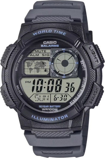 Orë digjitale unisex Casio AE-1000W-8AVEF, 10 ATM, me rrip resin, gri