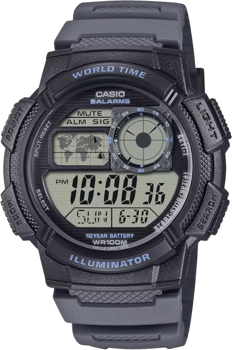 Ora digjitale unisex Casio AE-1000W-8AVEF, 10 ATM, rrip resin, gri