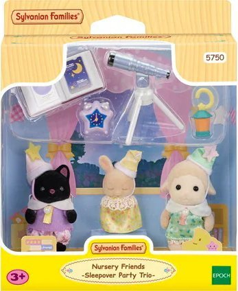 Set lodrash Sylvanian Families Nursery Friends Sleepover Party Trio, 3 bebe figurina, me aksesorë, shumëngjyrëshe