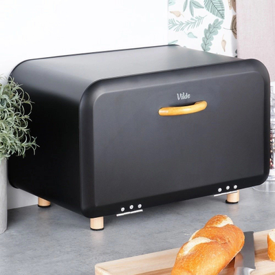Kuti buke metalike Bread Bin, 35.5x20.5x20cm, dorezë druri, e zezë