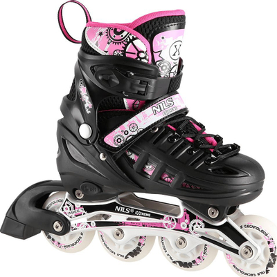 Patina 4n1 NILS Extreme NH10905, ABEC 7, LED, të zeza me rozë, nr 39-42