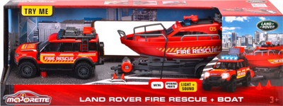 Set lodrash Majorette Land Rover Fire Rescue, varkë me rimorkio, me dritë edhe zë, i kuq