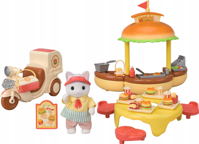 Lodër Sylvanian Families Hamburger Stand, set kioskë me mbi 30 aksesorë, shumëngjyrëshe