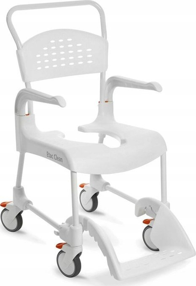 Karrige dushi dhe tualeti Etac Clean, lartësia e sediljes 49 cm, me rrota, e bardhë