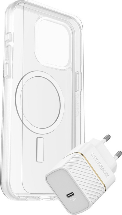 Set aksesorësh OtterBox për iPhone 15 Pro Max, karikues USB C 30W, kapak transparent, i bardhë