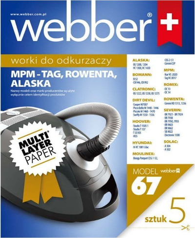 Qese pluhri Webber Model 67, për fshesa MPM Rowenta Alaska, set me 5 copë