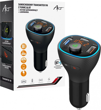 Transmetues FM për makinë Art FM, Bluetooth 5.0, karikues USB QC3.0 PD 20W, i zi