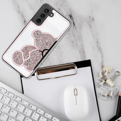 Mburojë telefoni Rowy Teddy Bear për Samsung S24 Ultra, PU TPU, me ariush pelushi, rozë