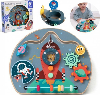 Lodër druri aktivitete Classic World Rocket Busy Board, edukative, magnetike, shumëngjyrëshe