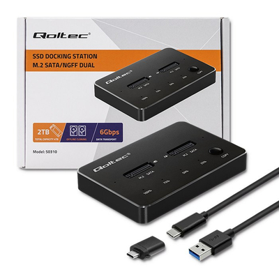 Doking stacion Qoltec 50310, për 2 SSD M.2 SATA, USB Type C, i zi