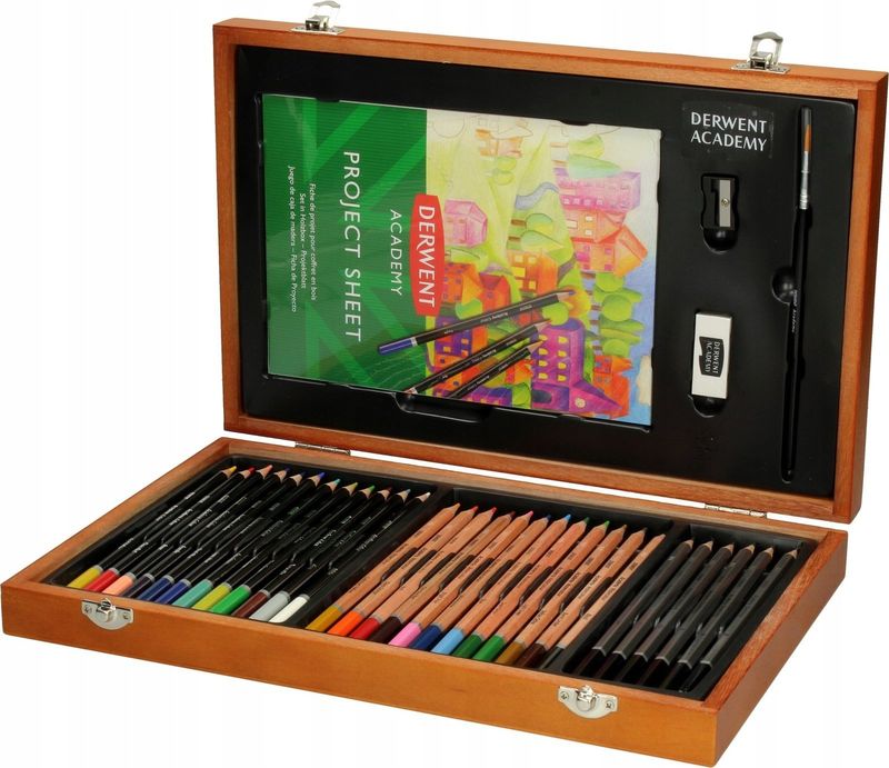 Set artistik Derwent Academy Wooden Gift Box, 35 pjesë, kuti druri, shumëngjyrëshe