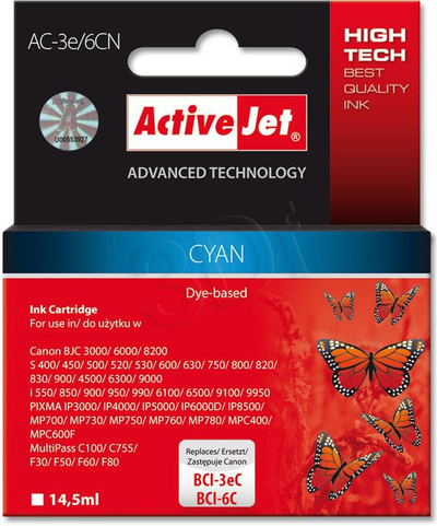 Кертриџ боја Activejet AC-3e/6CN BCI-3eC BCI-6C, 14.5ml XL, цијан