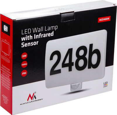Llambë murale LED Maclean MCE466 W, 20W, sensor lëvizjeje dhe muzgu, IP65, e bardhë