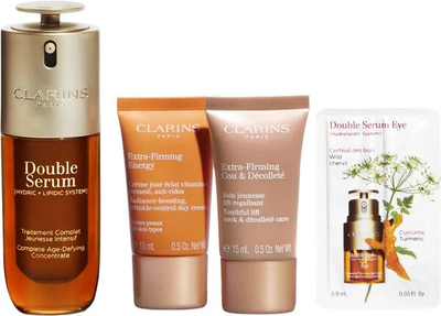 Set Clarins Double Serum & Extra Firming, serum anti-plakje, 50 ml + krem dite, 15 ml + krem për qafë, 15 ml + serum për sy, 0.9 ml